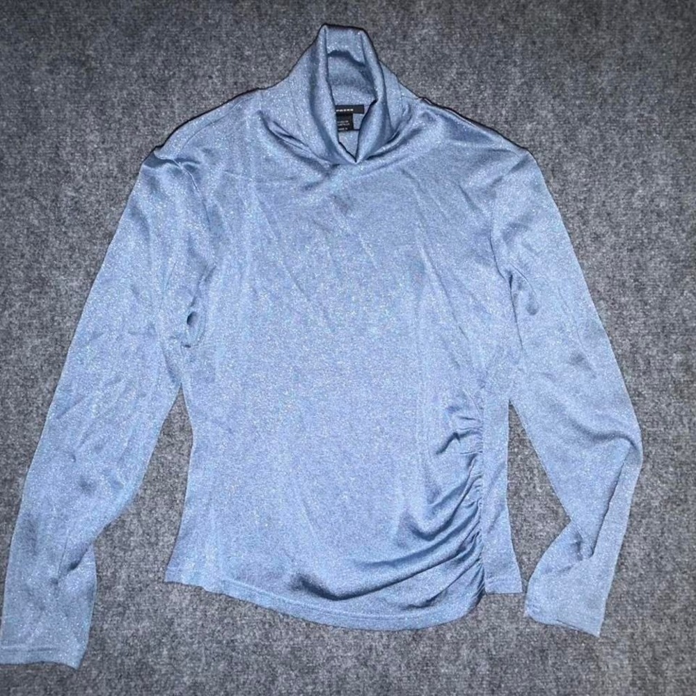 Y2k Express Blue Shimmer Ruched long sleeve top size L Metallic knit